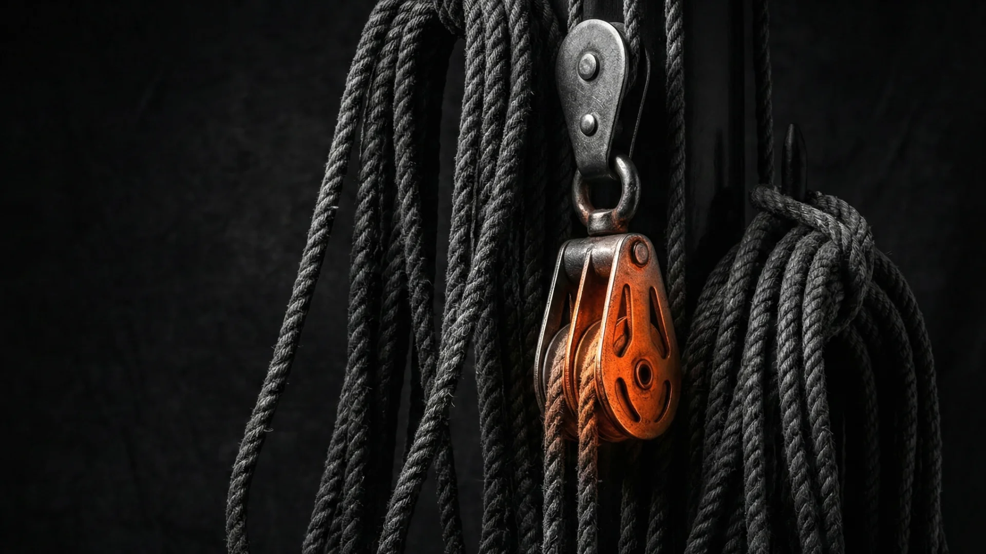 Takelage-Detail in Schwarzweiß mit orangefarbenem Akzent.