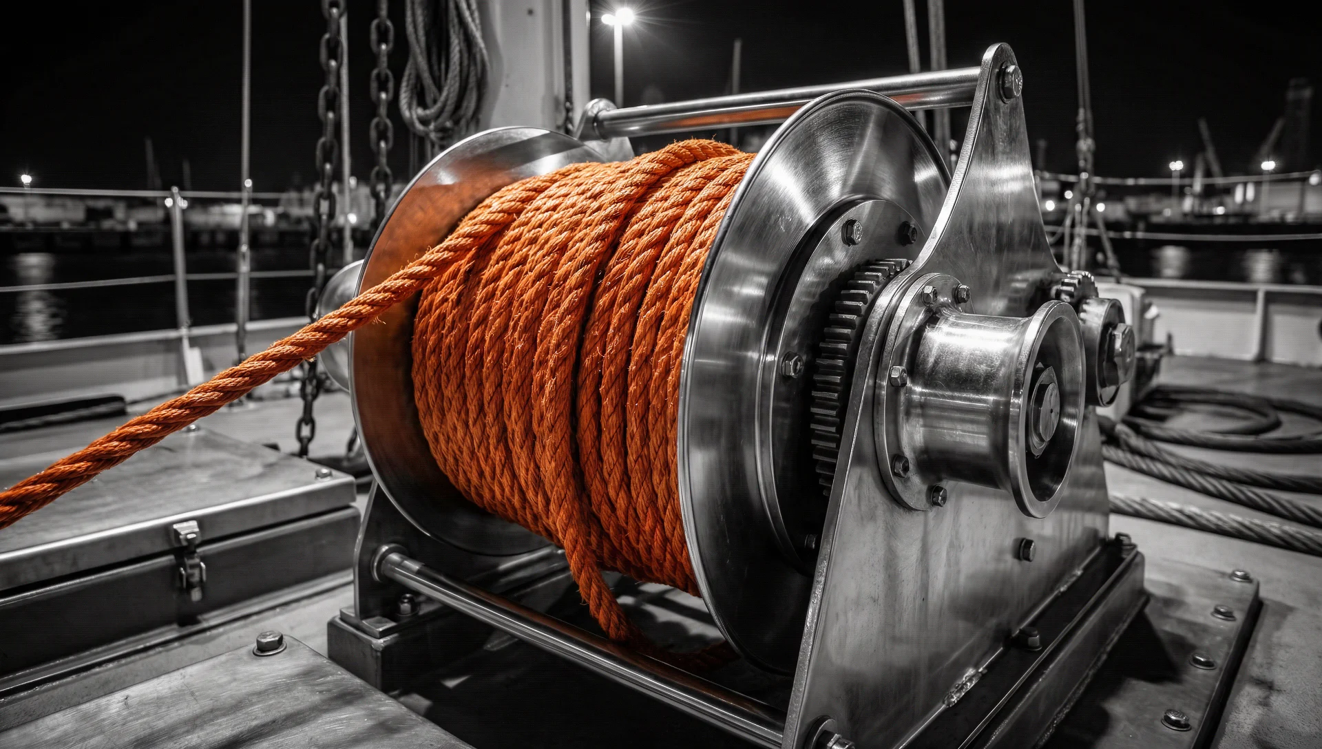 Schiffswinde in Schwarzweiß mit Tau und orangefarbenem Akzent.