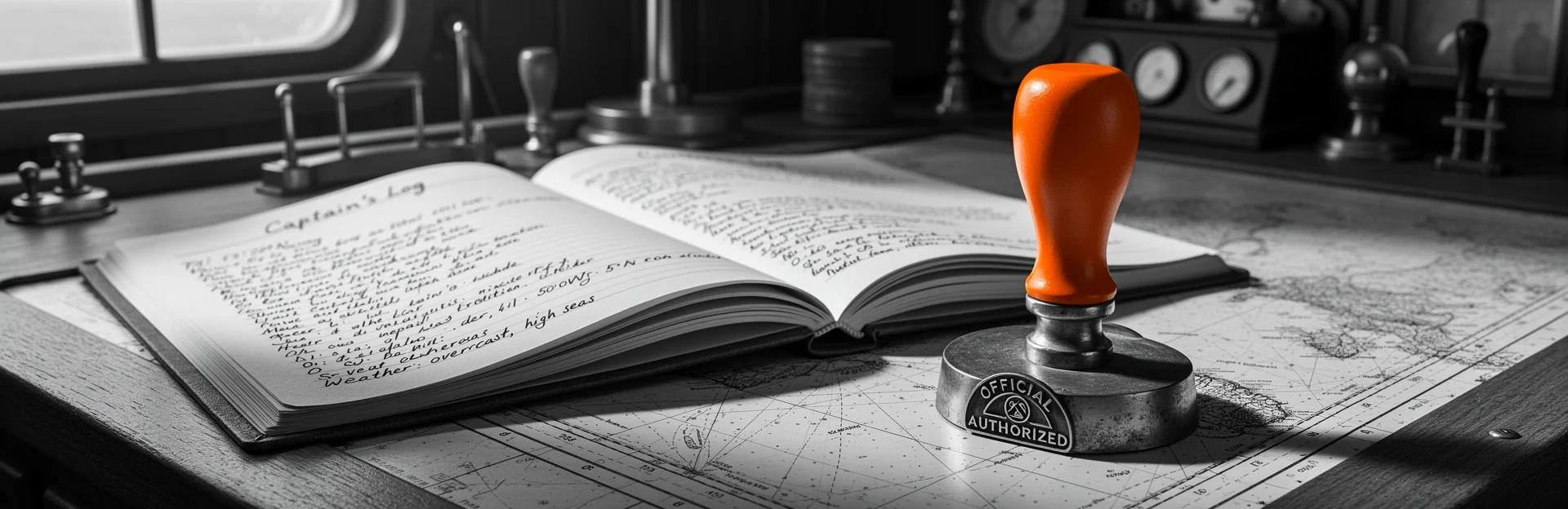 Offenes Logbuch mit Stempel in Schwarzweiß und orangefarbenem Akzent.