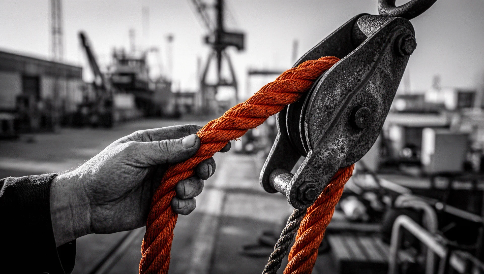 Hand an einer Takelage mit Tau und orangefarbenem Akzent.