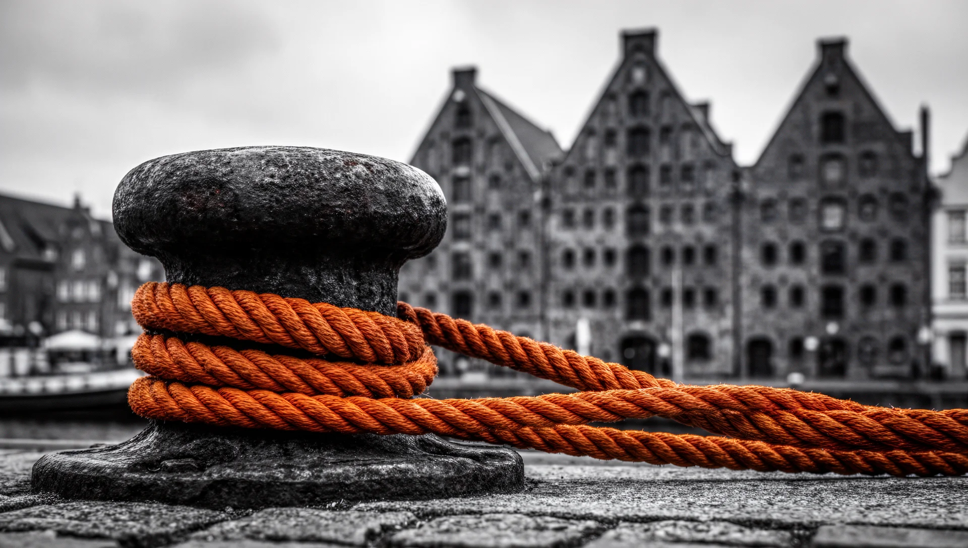 Lübecker Hafenpoller in Schwarzweiß mit Tau und orangefarbenem Akzent.