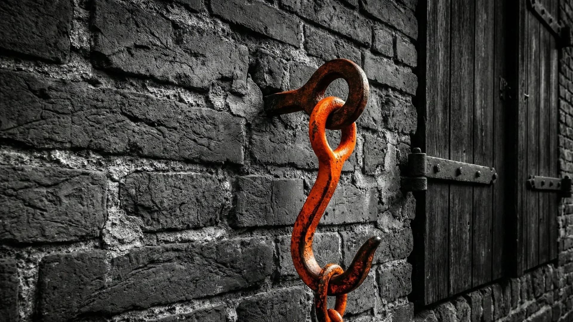 Lübecker Speicherfassade in Schwarzweiß mit Lastenhaken und orangefarbenem Akzent.